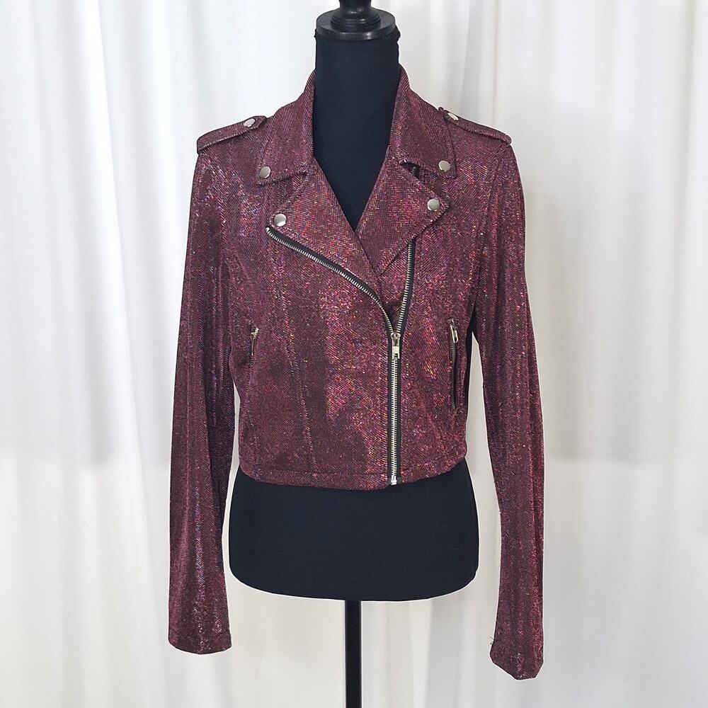 Forever 21 Women's Moto Jacket Medium Metallic Pink Cropped Zip Y2K Biker Vtg